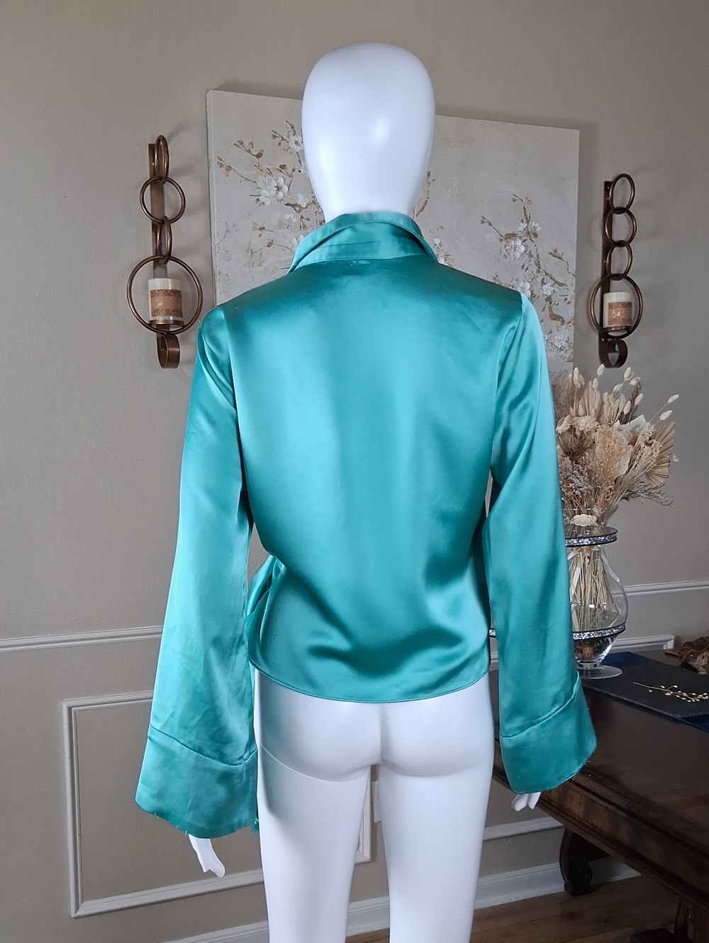 Zara Women's Teal Satin Glossy Fluid V Neck Wrap Long Sleeves Blouse Medium - Picture 11 of 16